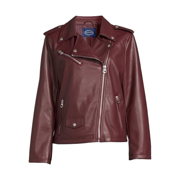 Scoop Faux Leather Moto Jacket Tawny Port Wine Biker Jacket Women’s Size Small - Picture 2 of 12
